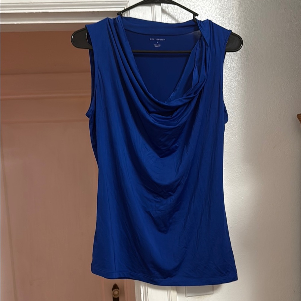 Worthington Royal Blue Sleeveless Blouse with Draped Neckline